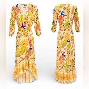 Farm Rio by Anthropologie Wrap Ruffled Hem Multicolor Floral High Low Dress M
